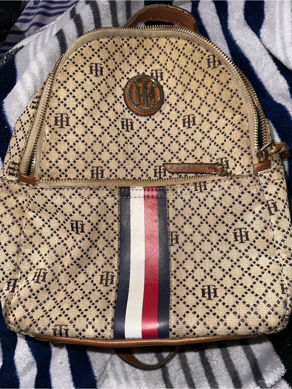 Tommy Hilfiger Tan Logo Mini Backpack with Red-White-Blue Stripe